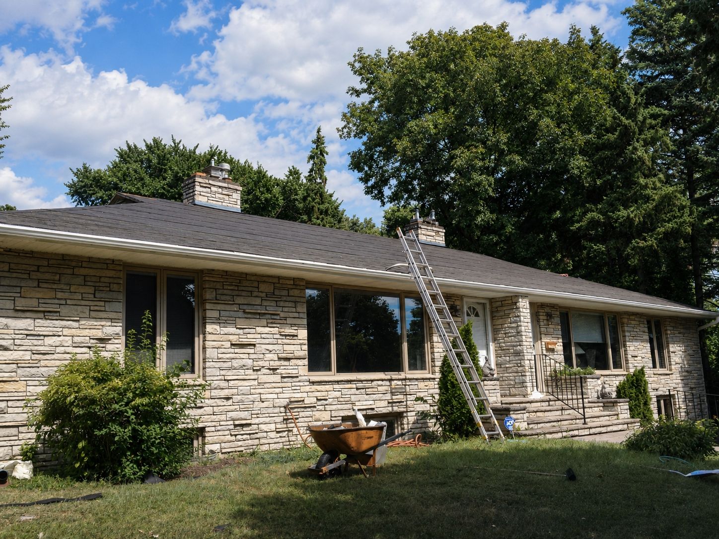 Stone rambler with a new roof and the ladder still up