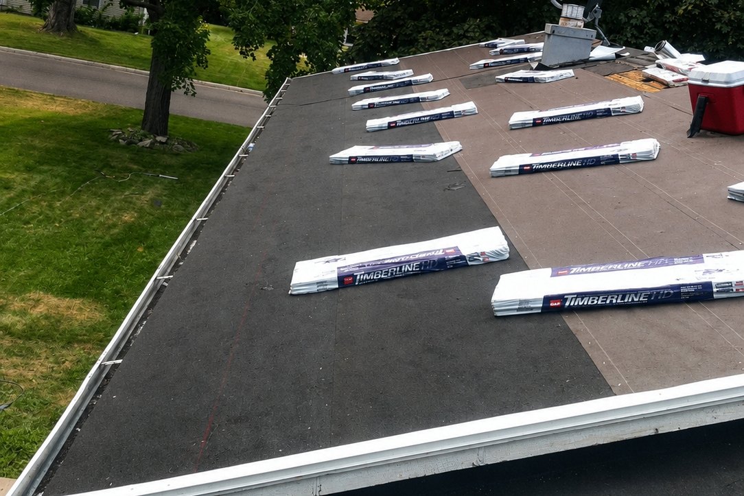 Shingle bundles staged across a roof deck ready to be laid