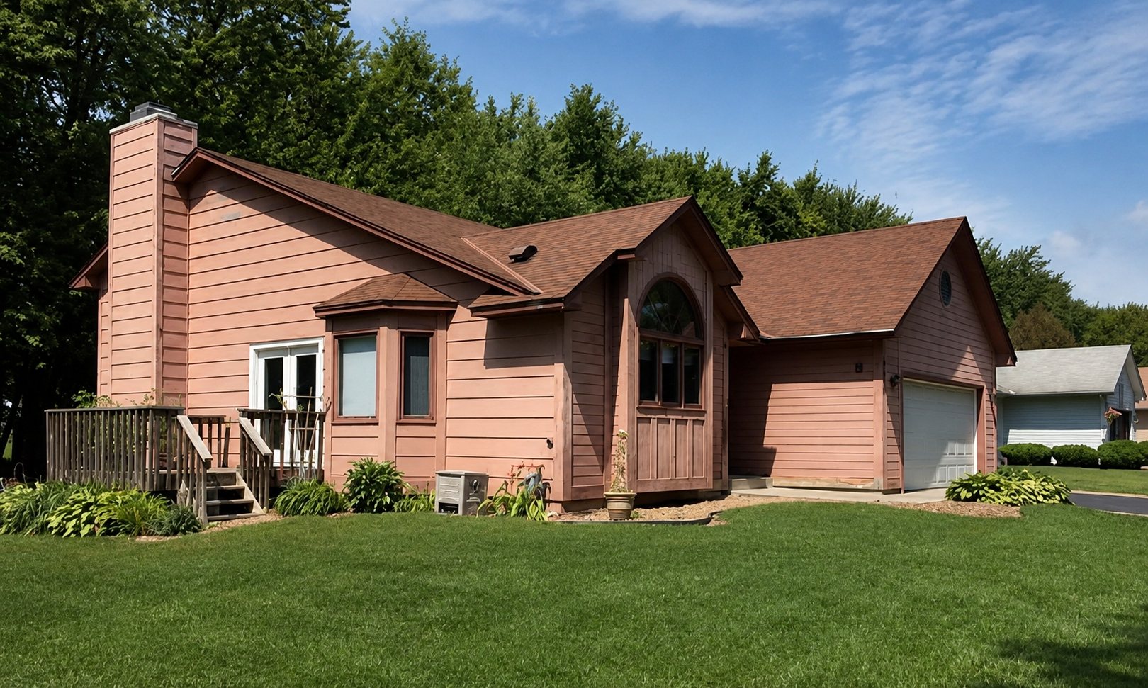 The house before the project, with pink painted wood siding
